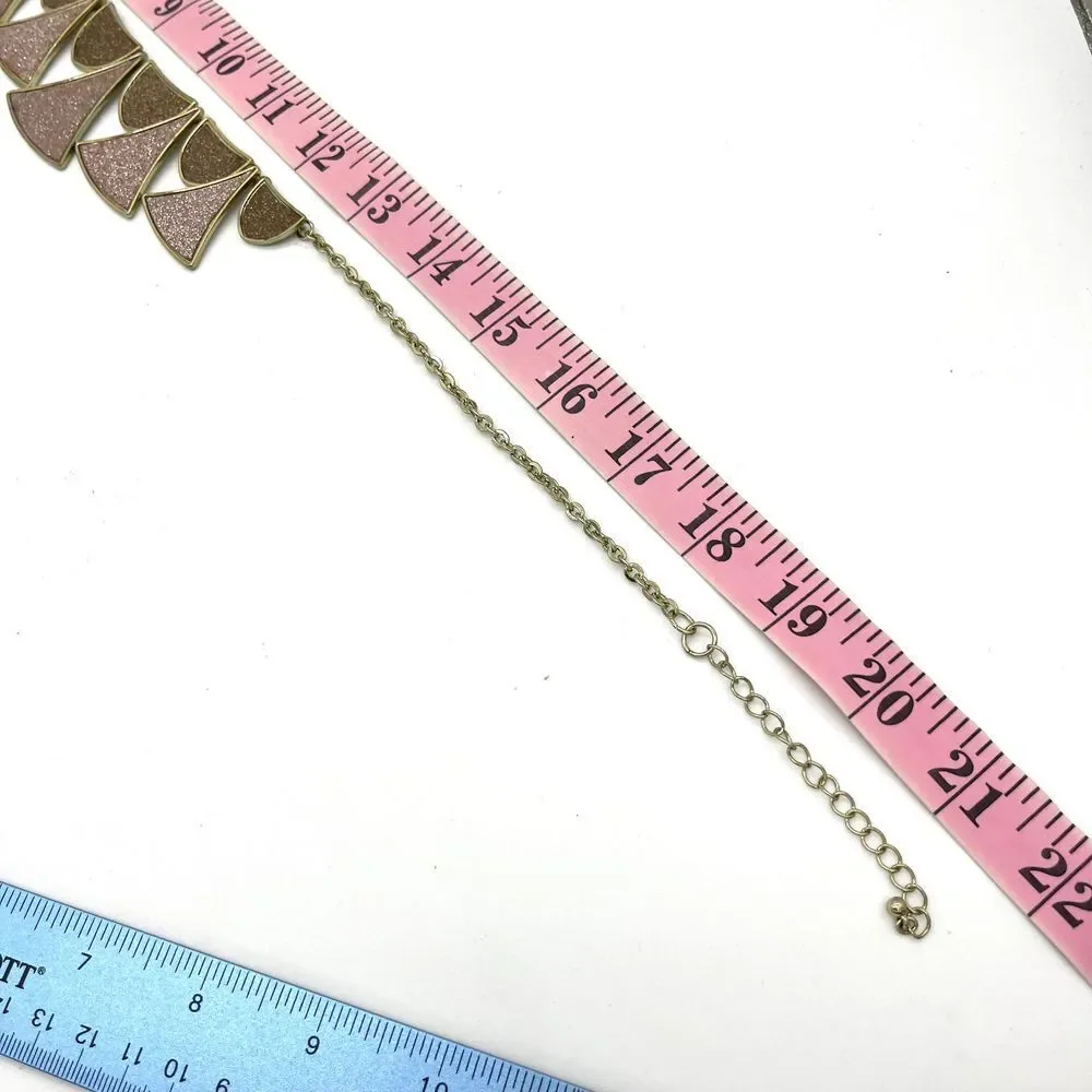 Statement Geometric Fan Necklace Gold Pink Brown Glitter Art Deco Style  Jewelry